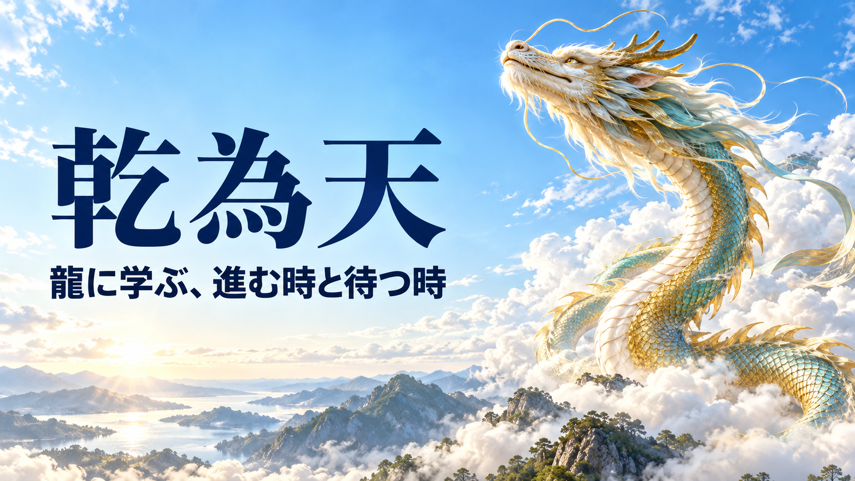 明るい空へ昇る龍を描いた、乾為天の象徴的なイラスト