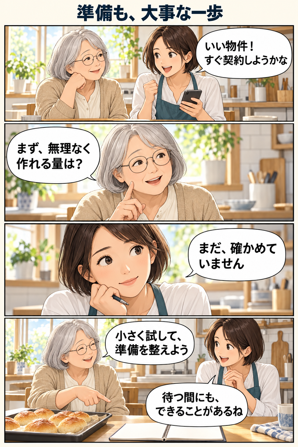 創作漫画。出店を急ぐ亜希が恵子の助言を受け、小さな試作と準備から始める四コマ