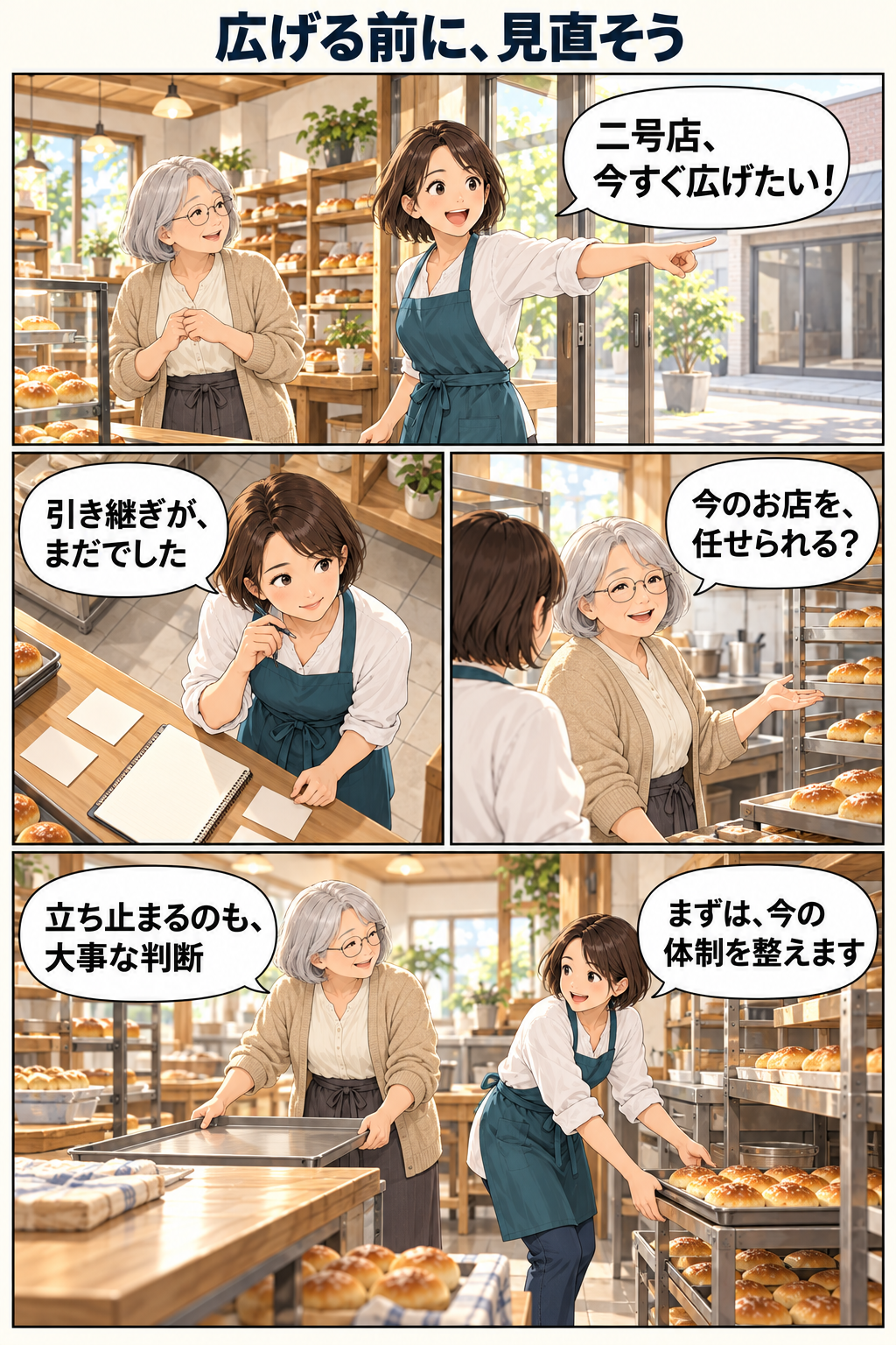 創作漫画。二号店への拡大を急ぐ亜希が、恵子との会話から今の店の体制を整える決断をする四コマ