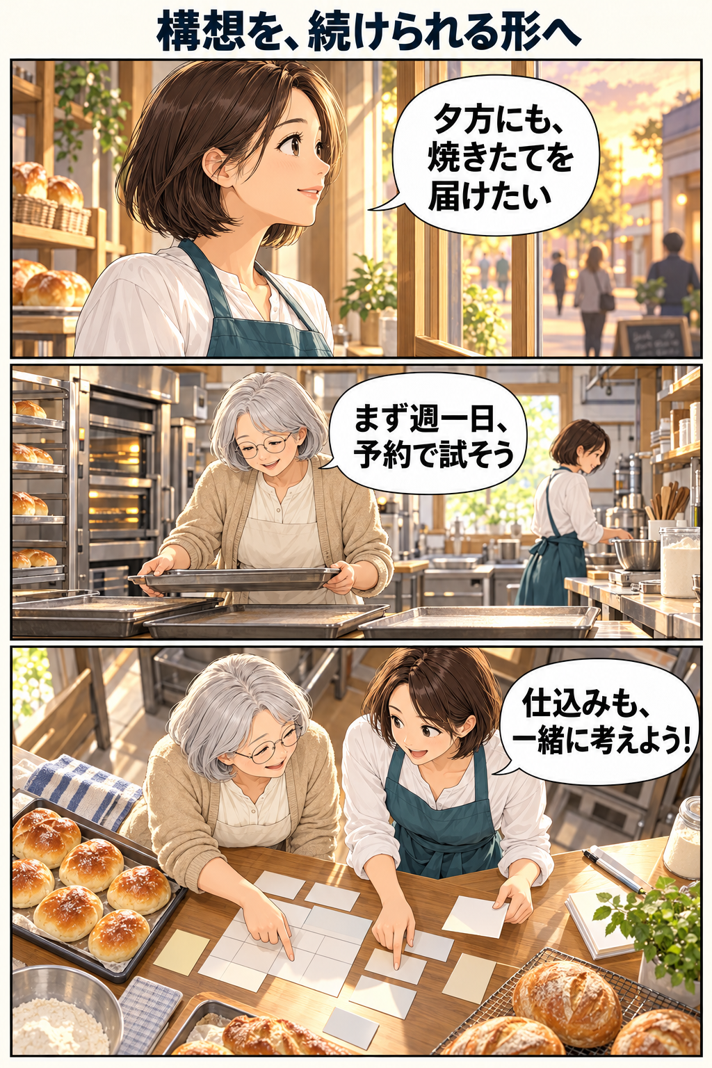 創作漫画。夕方の販売を増やしたい亜希と、目的を確かめて小さな試行を提案する恵子