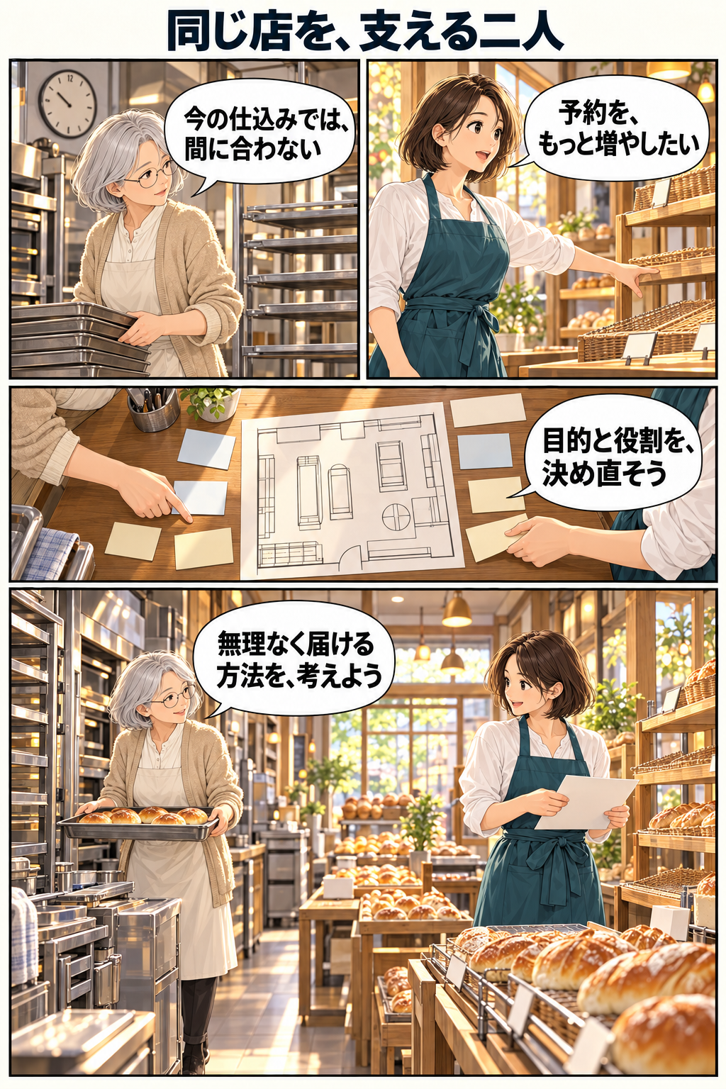 創作漫画。食い違う指示に気付いた亜希と恵子が、店の方針と担当する判断を話し合う