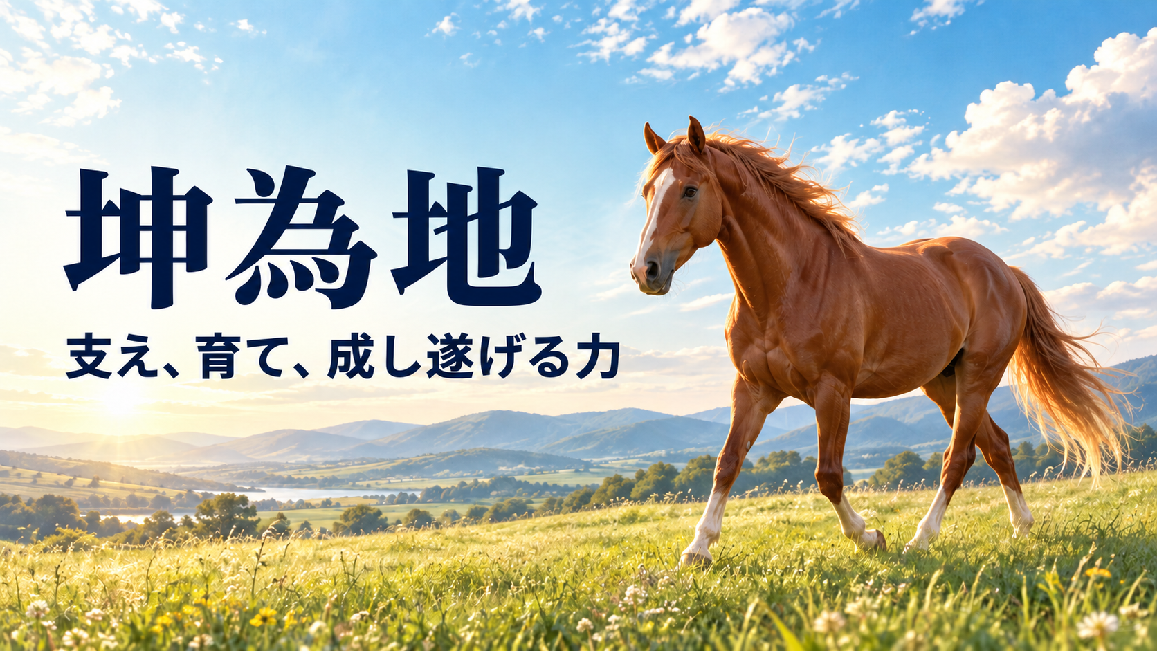 広い大地を歩く牝馬と、坤為地の支え育てる力を表す明るい象徴画