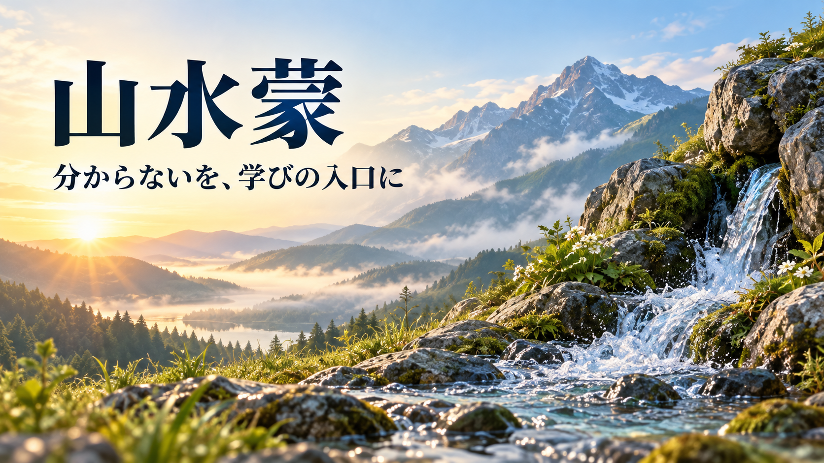 朝霧に包まれた山のふもとから、澄んだ泉が流れ出す山水蒙の象徴画