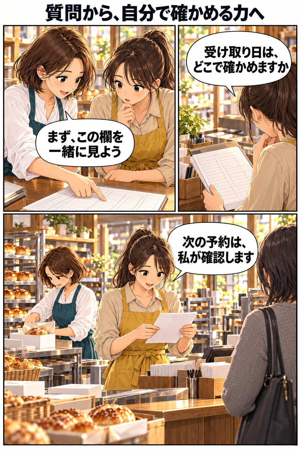 創作漫画。新人の美緒が予約の確認方法を質問し、亜希と表を見た後、自分で次の予約を確認する