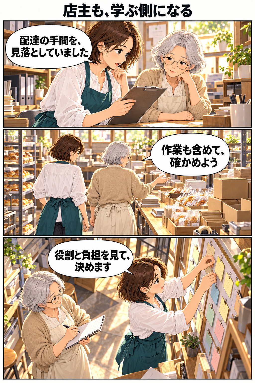 創作漫画。店主の亜希が配送作業について恵子に質問し、作業を一緒に確かめ、役割と負担を踏まえて考える