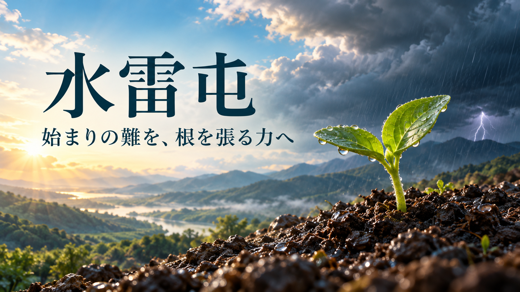 雨上がりの土を押し分ける小さな芽と遠い雷雲。水雷屯の始まりの困難を表す象徴画