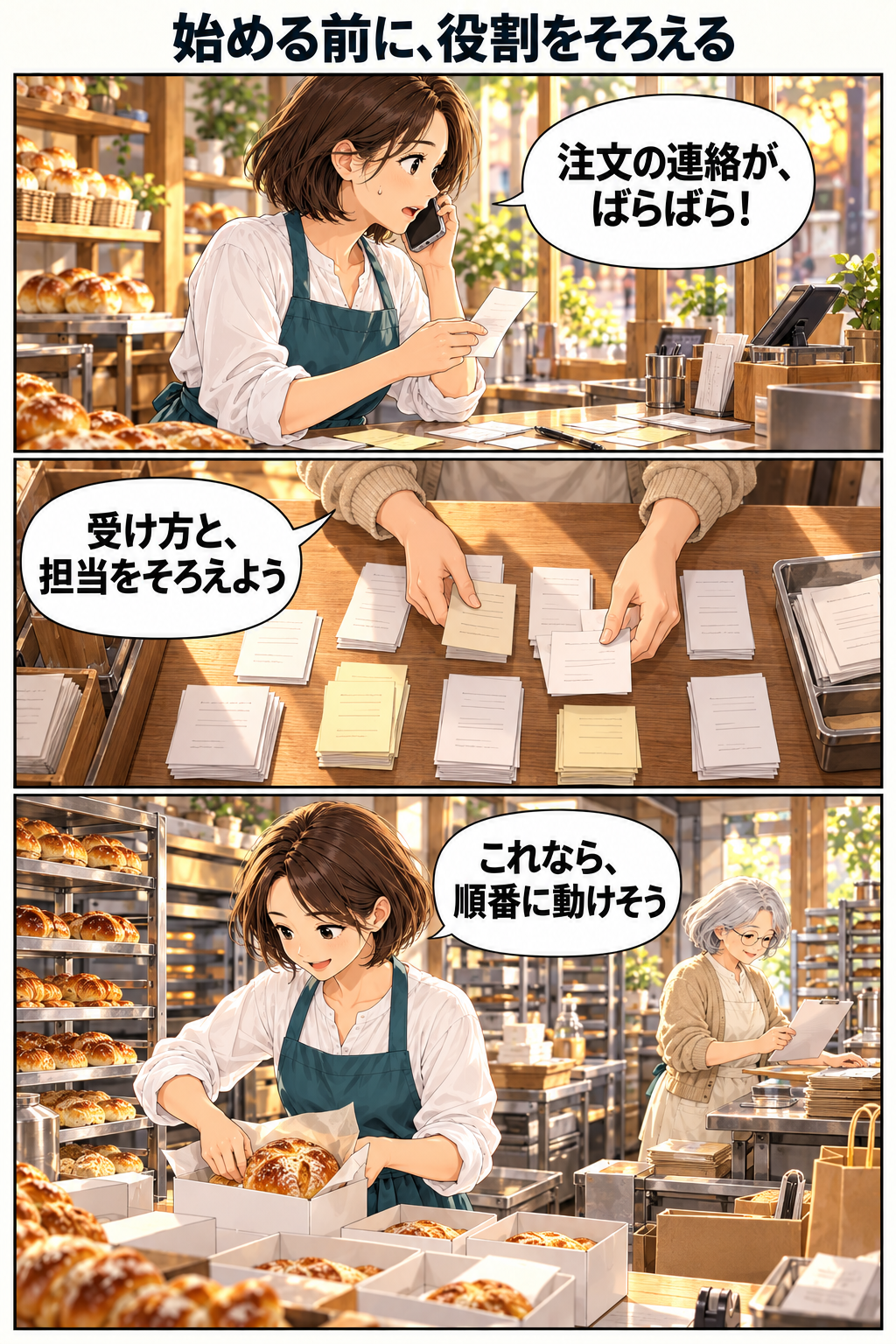 創作漫画。注文が散らばって困る亜希と恵子が、受け方と担当をそろえて配送準備を進める