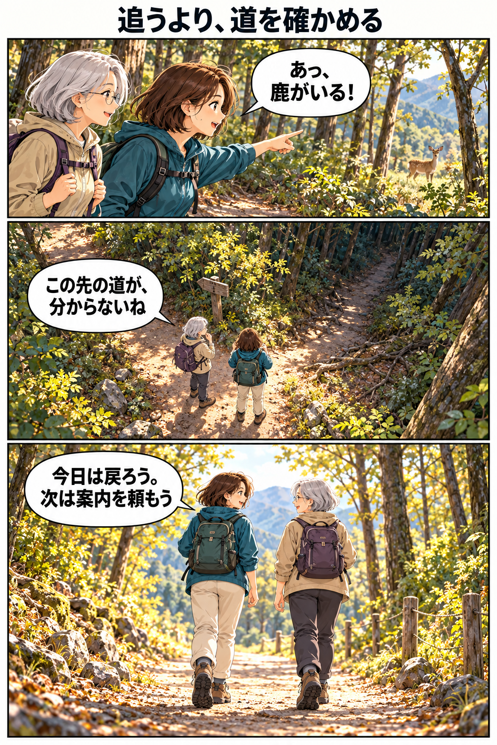 創作寓話。森で鹿を見た亜希と恵子が、道が分からないまま追わず、明るい道へ戻る