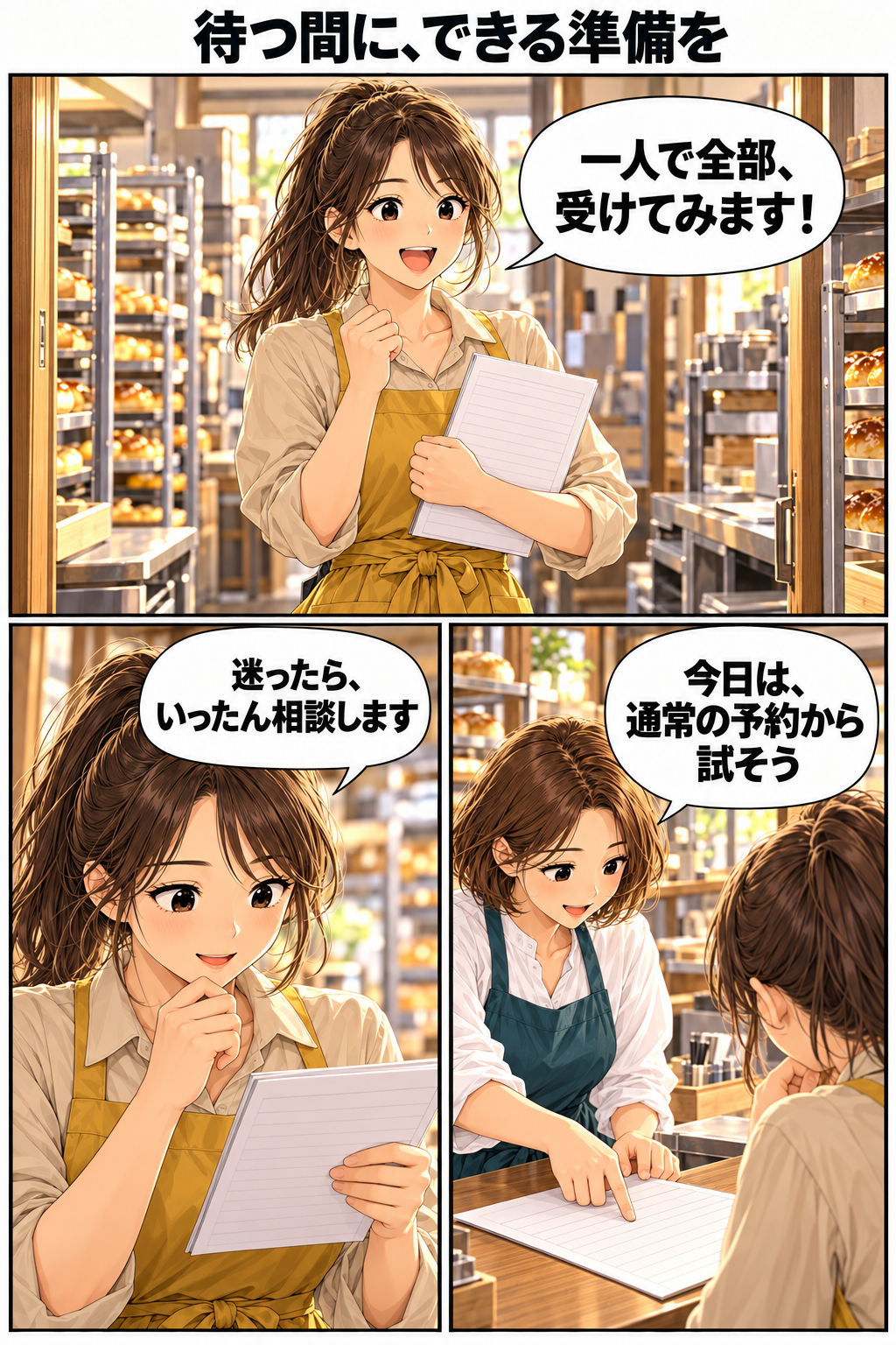 創作漫画。仕事を一人で引き受けたい美緒に、亜希が通常の予約から試す範囲を示し、迷った時の相談方法を確かめる