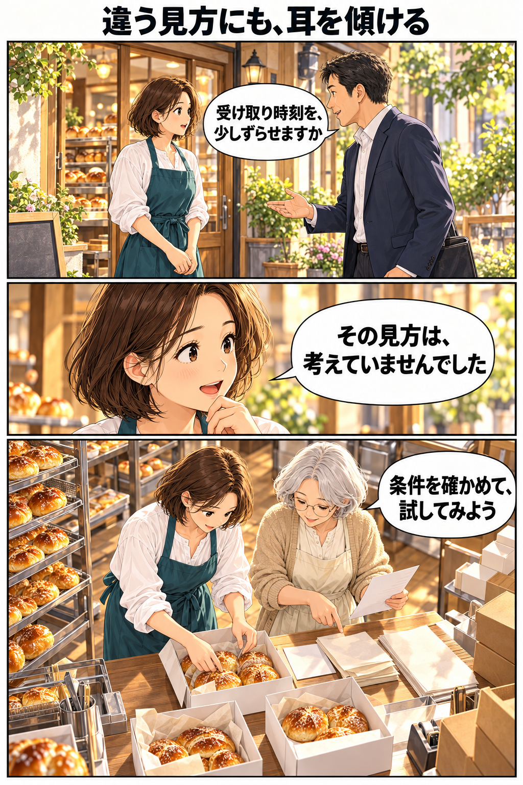 創作漫画。配送先の担当者から受け取り時刻を変える提案を受けた亜希が、違う視点を聞き、恵子と条件を確かめる